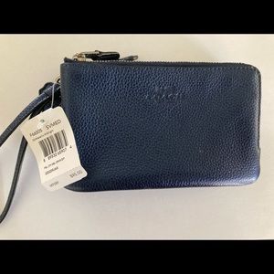 Coach Pebbled Leather Double Corner Zip Wristlet Metallic Midnight NWT